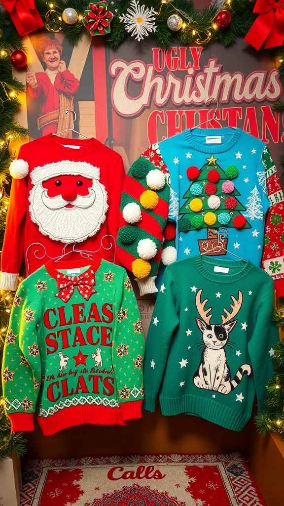 A collection of creative ugly Christmas sweaters with various humorous designs displayed on a festive background.